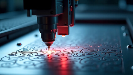 Close-up of CNC laser cutting machine precisely engraving an intricate design on a stainless steel sheet, with bright sparks flying and a sharp contrast between the molten cut area