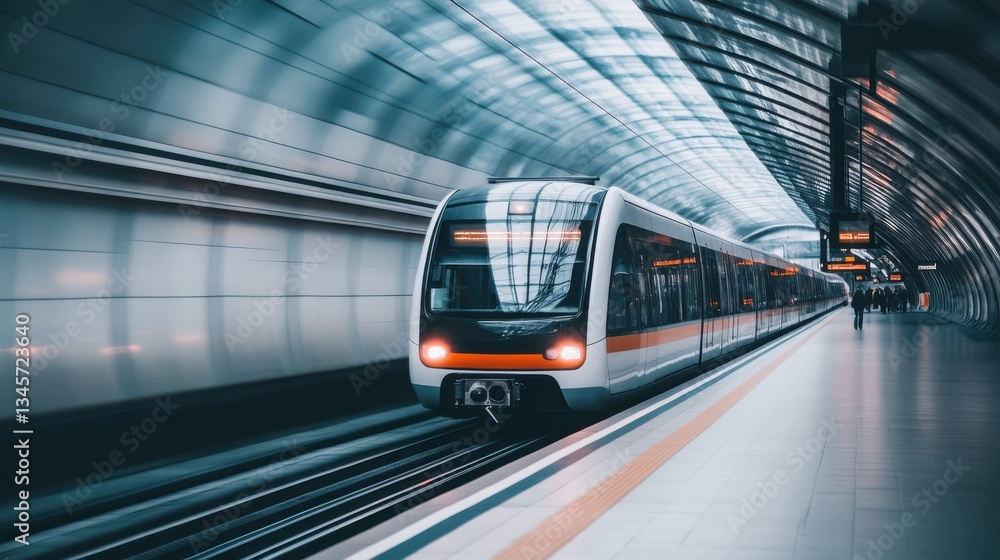 Poster modern urban train in motion at subway station with dynamic lighting and sleek architecture of under