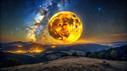 Panoramic Night Sky with Giant Yellow Moon - Celestial Landscape