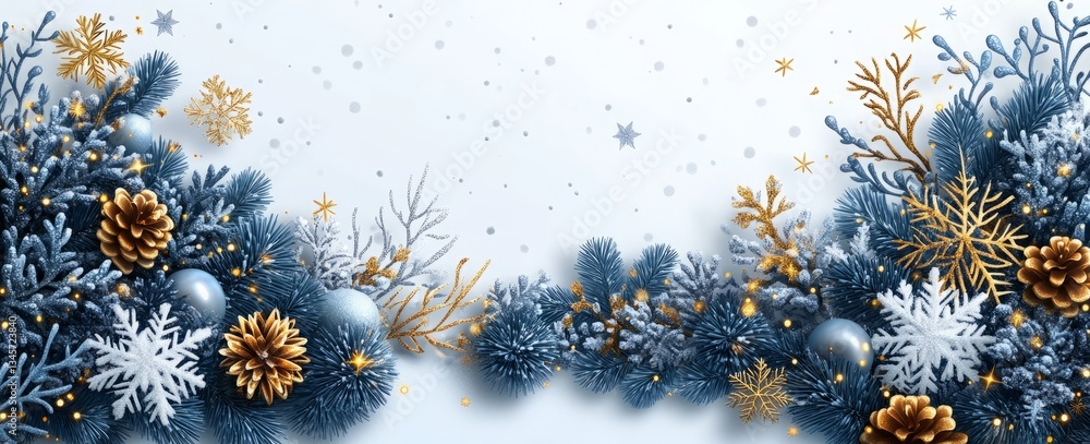 Poster a white background with a blue and gold tree with snowflakes and pine cones. a simple vector illustr