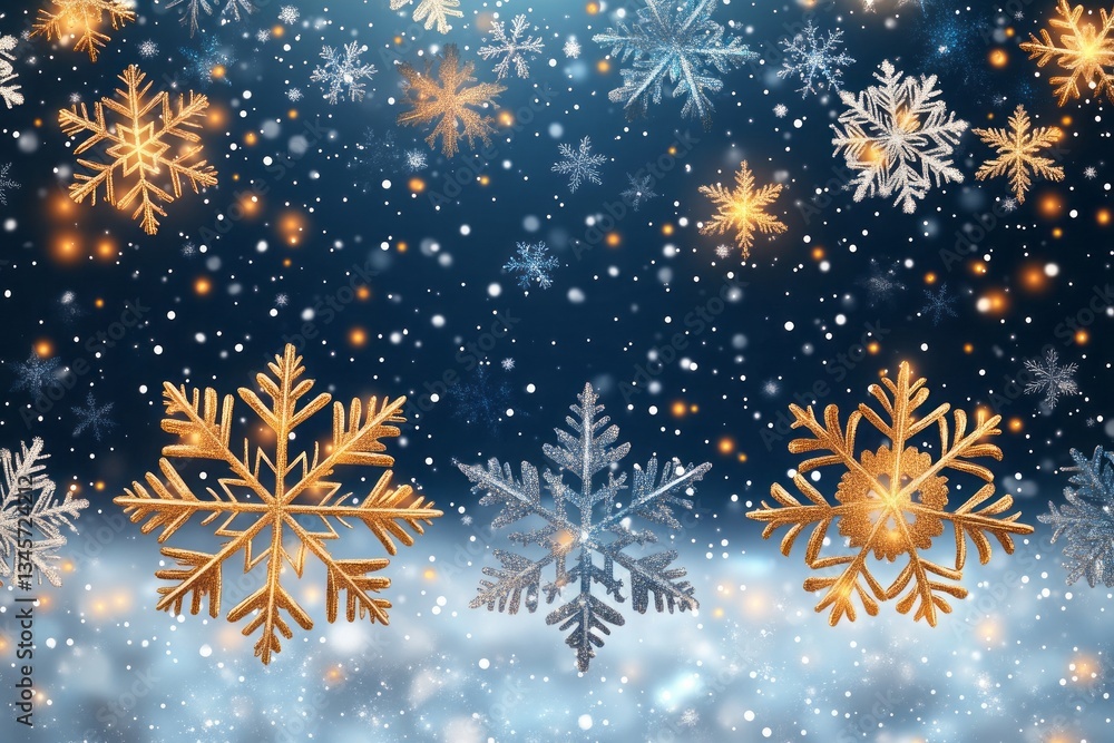 Poster a snowflake with a gold and silver color is flying in the air. a simple vector illustration of snowf