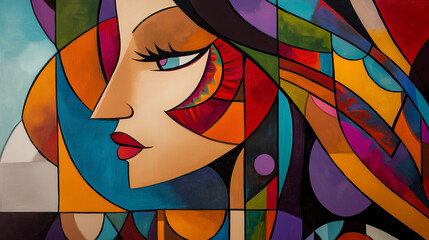 A large-scale cubist abstract painting featuring a woman with strikingly colorful hair, angular shapes, and a vibrant Hispanic-inspired essence