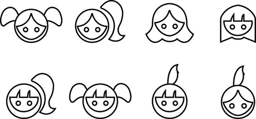 girl icon set, generations avatars, Aging and Growing Process vector icons, girls characters template, isolated on transparent background, for social media and networking, apps design and development,