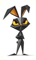 Polygonal style illustration of a rabbit in dark grey and orange tones with menacing yellow eyes