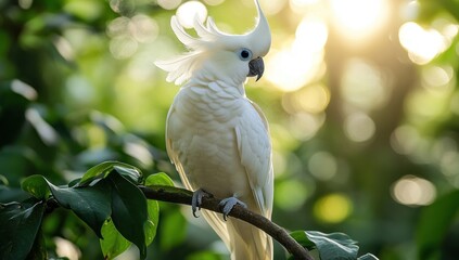 graceful sulphur-crested cockatoo perched serenely on branch bathed in gentle morning light