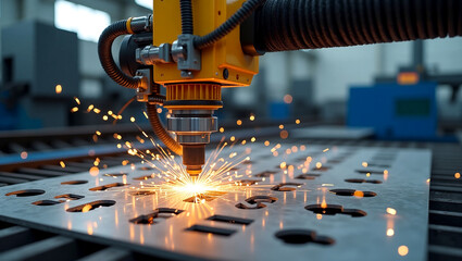 Close-up of CNC laser cutting machine precisely engraving an intricate design on a stainless steel sheet, with bright sparks flying and a sharp contrast between the molten cut area