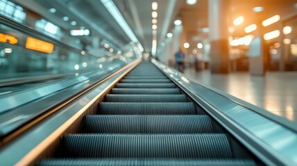 Obraz premium Modern Escalator Close Up, Metallic Steps and Handrails in Blurred Modern Building Interior