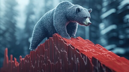 A bear descending a red inclined plane in a stock market setting, symbolizing market decline. 