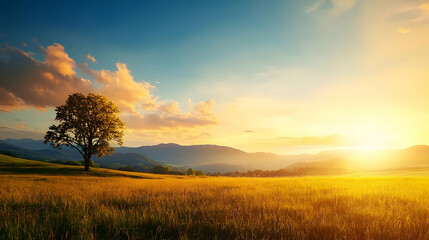 Obraz premium Golden Sunset Over Fields And Mountains