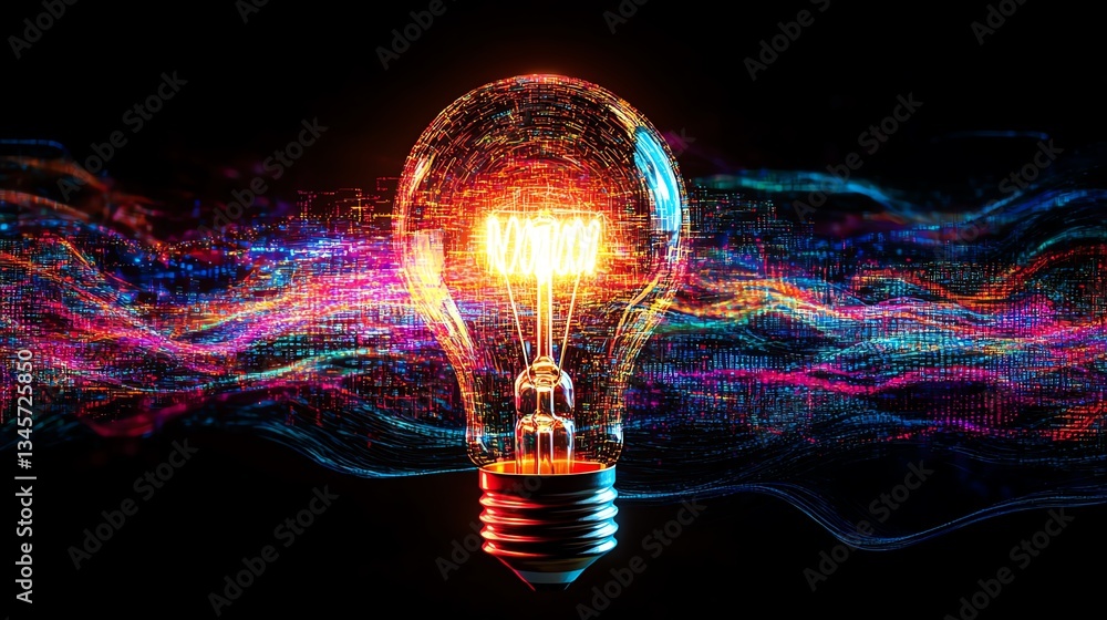 Poster a glowing lightbulb with a circuit board filament, radiating vibrant energy against a dark backgroun
