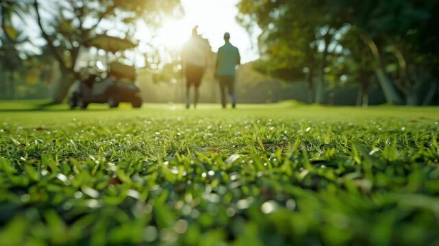 Friends Enjoy a Sunny Afternoon Walking on the Golf Course While a Golf Cart Waits Nearby. Generative AI