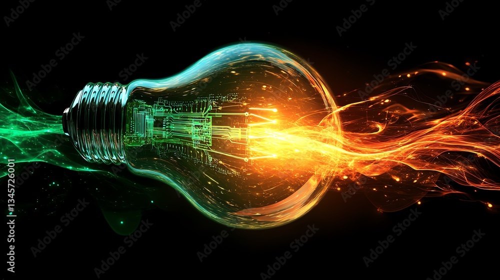 Poster a glowing lightbulb with a circuit board filament, radiating vibrant energy against a dark backgroun