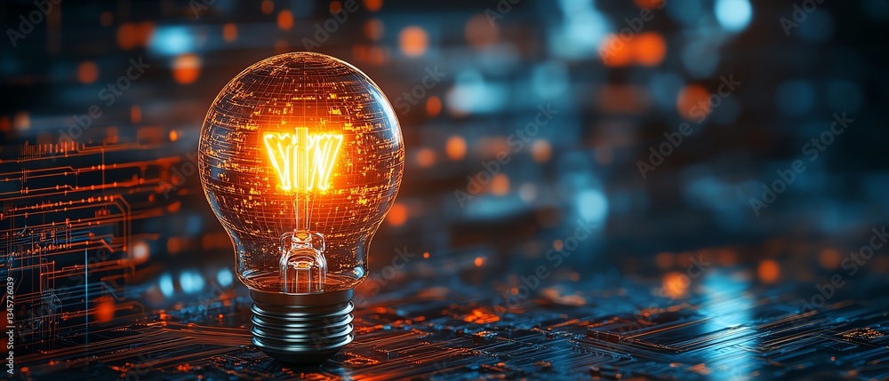 Poster a glowing lightbulb with a circuit board filament, radiating vibrant energy against a dark backgroun