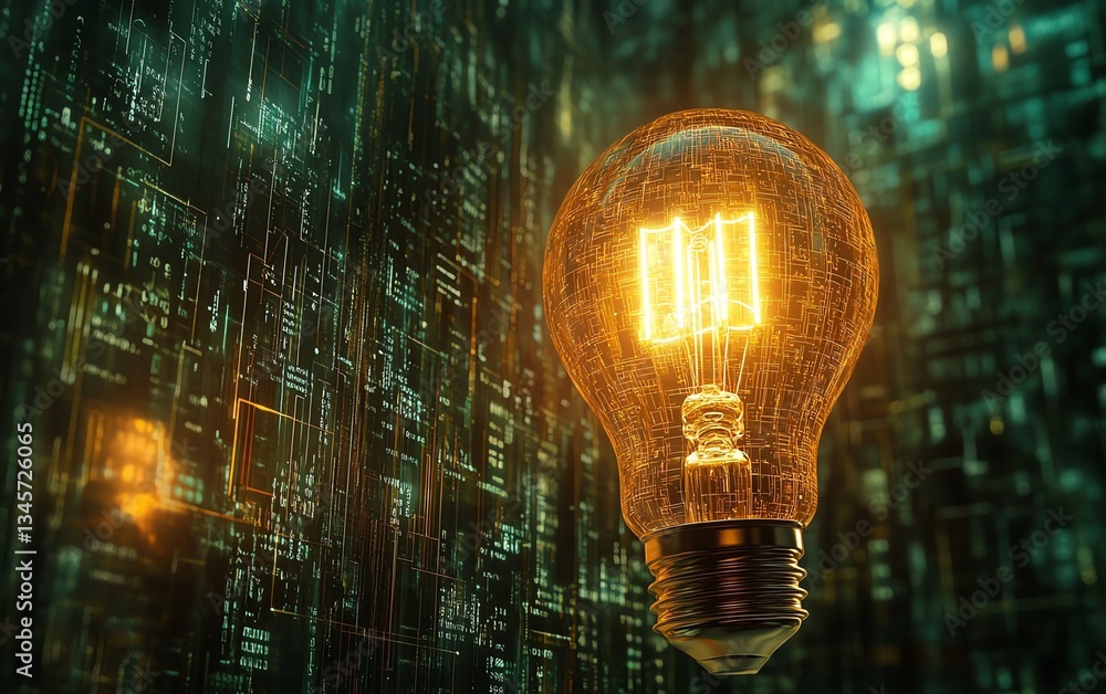 Poster a glowing lightbulb with a circuit board filament, radiating vibrant energy against a dark backgroun