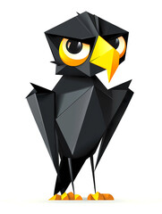 Polygonal style illustration of a parrot in black and orange tones with menacing yellow eyes