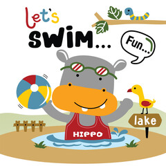 Fototapeta premium Hippo character swimming with a beach ball at the lake with 
