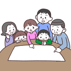 まるいテーブルで仲良く家族会議するイラスト