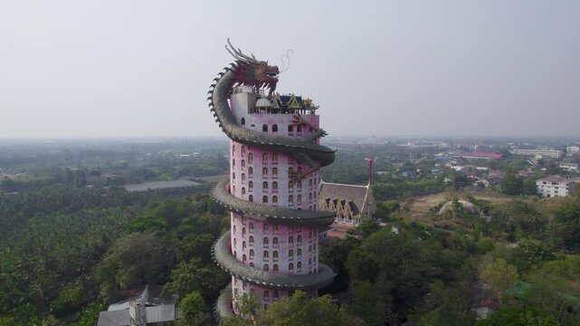Drone aerial view of Wat Samphran Dragon Temple in the Sam Phran District in Nakhon Pathom province near Bangkok, Thailand