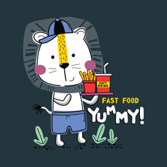 Cute tiger character holding fast food with fries and drink, 