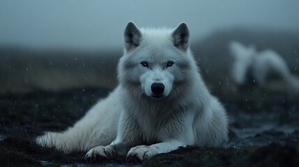 Obraz premium Majestic white wolf resting in a misty, wintry landscape. A powerful and serene creature, bathed in soft light