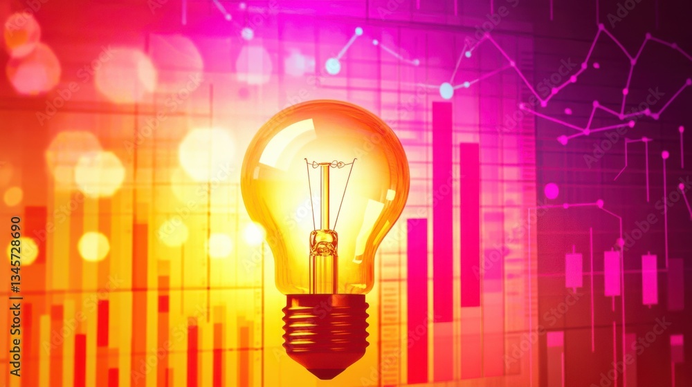 Poster vibrant light bulb illuminating business trends and data visualizations in abstract background