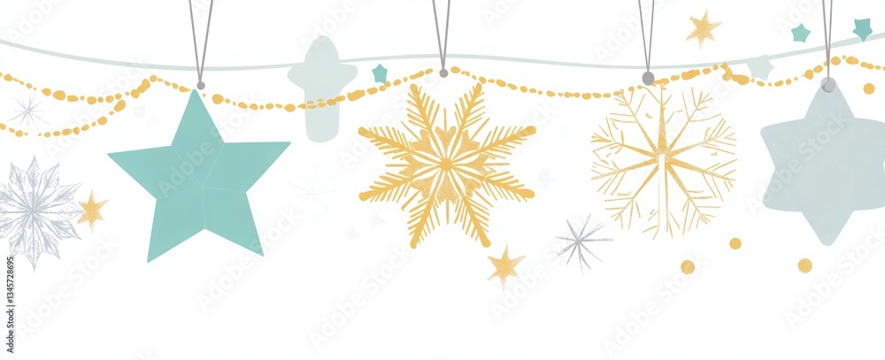 Poster a row of stars and snowflakes hanging from a string. a simple vector illustration of snowflakes and 