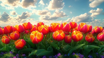 Tulip field with vibrant orange and yellow flowers under a bright blue sky

