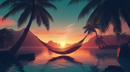 Fototapeta premium idyllic tropical sunset featuring a hammock strung between palm trees casting reflections on the calm water under a vibrant sky