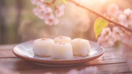 Traditional rice cakes on porcelain plate, steam rising, cherry blossoms in soft focus, golden hour warmth.