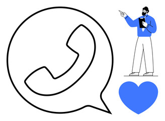 Large phone icon, blue heart, and businessman pointing with clipboard. Ideal for communication, networking, customer service, technology, teamwork connection relationships. Flat simple metaphor