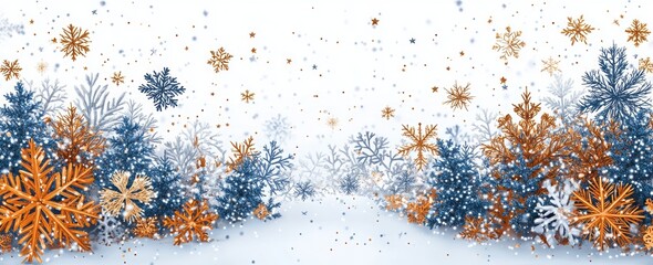 Fototapeta premium A snowy landscape with trees and snowflakes. A simple vector illustration of snowflakes and stars in gold, silver, and blue colors on a white background.