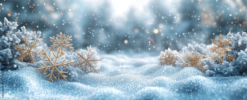 Poster a snowy field with a few snowflakes and a few trees. a simple vector illustration of snowflakes and 
