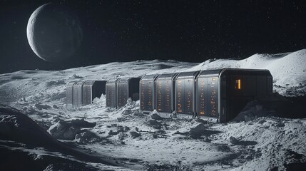 Futuristic Data Center on the Lunar Surface Surrounded by the Cosmos