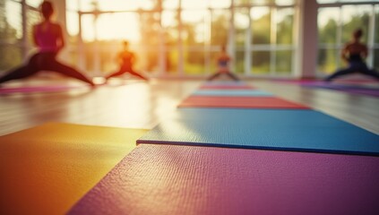 illuminated yoga studio featuring colorful mats aligned for a stretching and mindfulness session