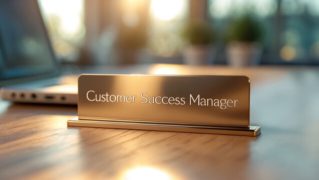 a sleek, modern Customer Success Manager nameplate sign in bold, professional lettering rests on a polished wooden office desk