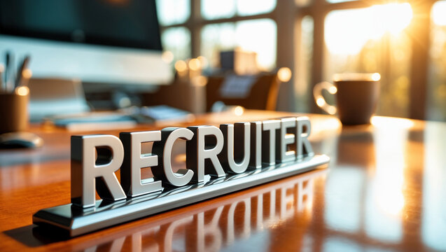 a sleek, modern Recruiter nameplate sign in bold, professional lettering rests on a polished wooden office desk