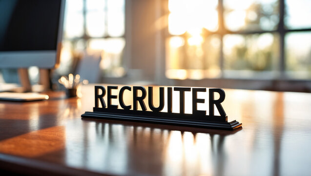a sleek, modern Recruiter nameplate sign in bold, professional lettering rests on a polished wooden office desk