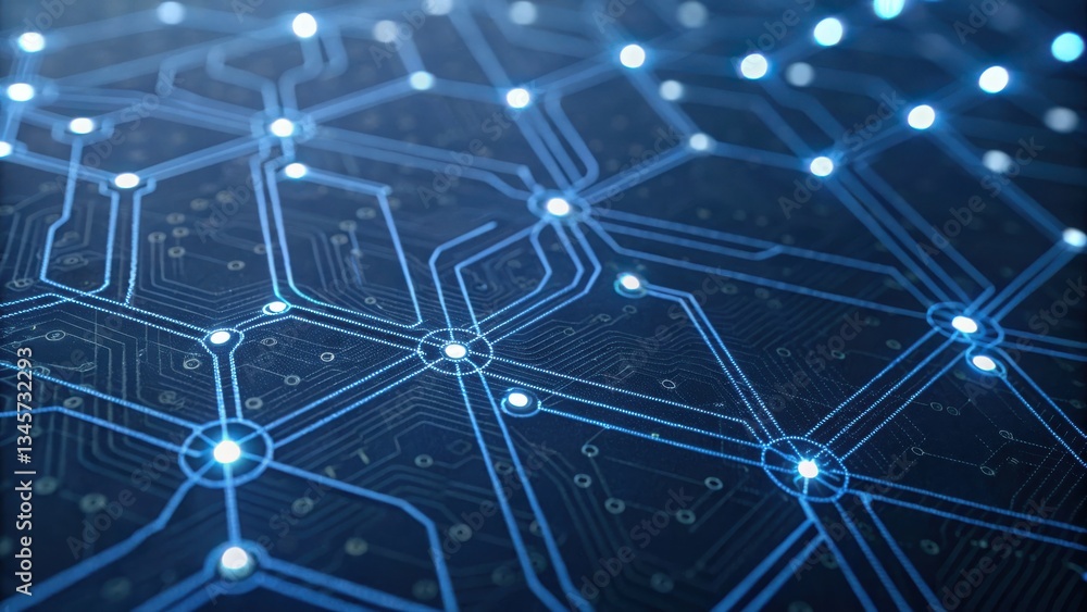 Poster closeup image of a circuit board illuminated by a bright blue light in a modern tech environment