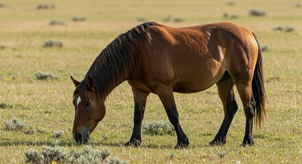 Fototapeta premium AI-generated illustration of a wild horse grazing in a vast open field under clear skies