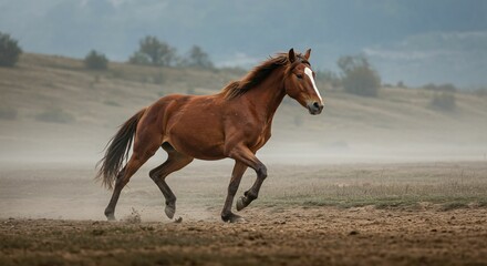 Obraz premium AI-generated illustration of a brown horse gallops across a misty field