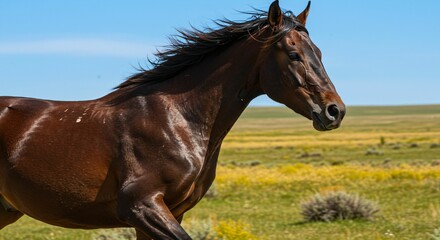 Obraz premium AI-generated illustration of a brown horse gallops freely through a grassy meadow