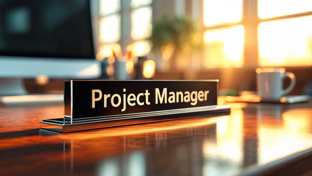 a sleek, modern Project Manager nameplate sign in bold, professional lettering rests on a polished wooden office desk