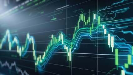 Fototapeta premium Closeup view of stock market chart with glowing algorithmic patterns and digital financial graphs