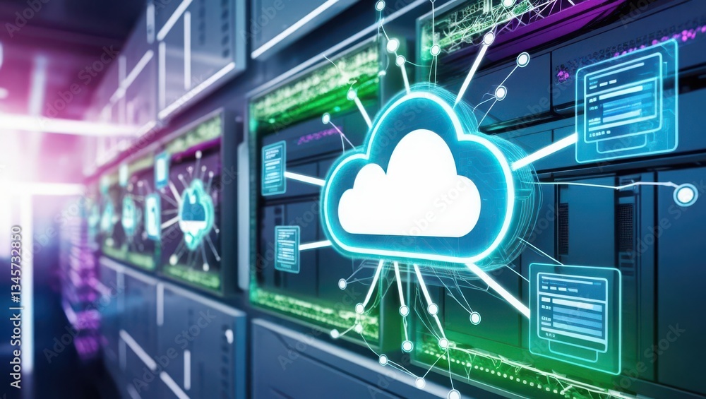 Poster cloud computing system showcasing dynamic data streams and glowing server connections