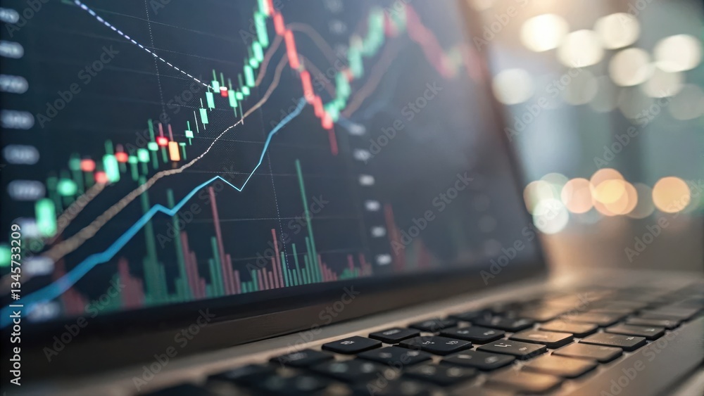 Poster laptop displaying stock chart on screen highlighting deep learning financial model and insights