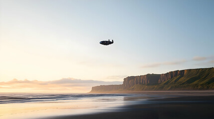 Airplane Silhouetted Flying Over Calm Coastal Waters During Sunrise With Golden Light And Cliffside View