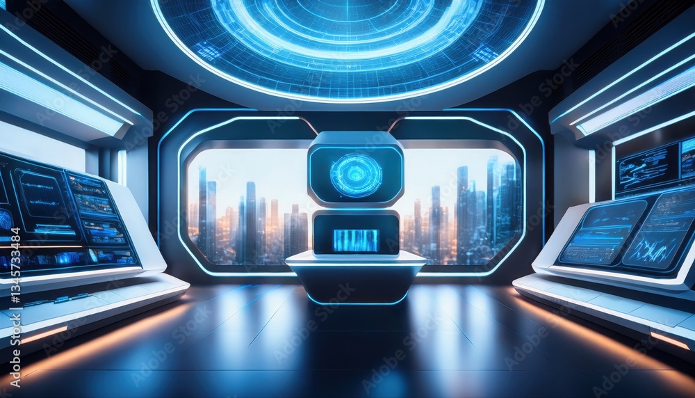 Poster futuristic room with multiple screens showcasing a cutting-edge ai powered automation system