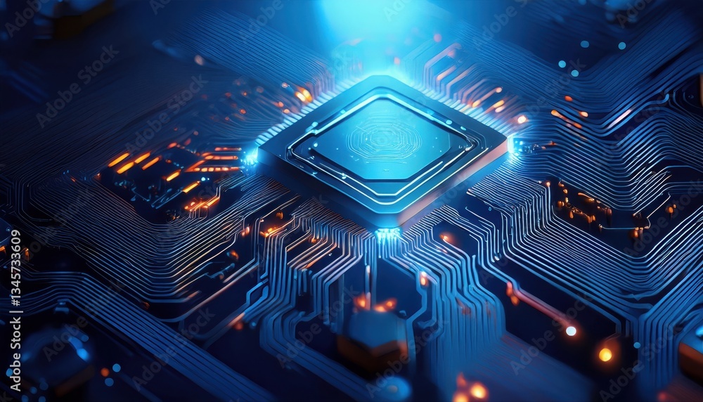 Poster detailed close-up of a cpu chip on a circuit board within a high-tech ai powered automation platform