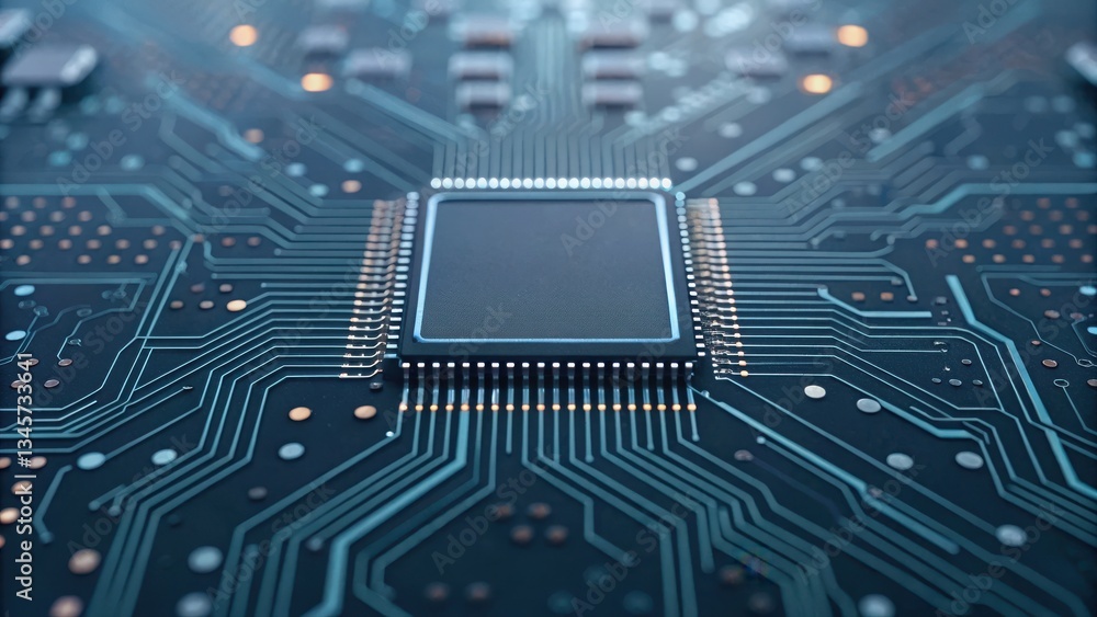Poster circuit board featuring a micro processor highlighting focused details in a high-tech ai automation 