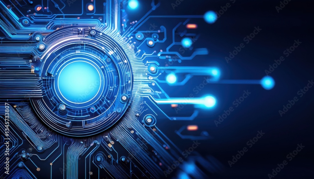 Poster circuit board with radiant blue light emitting from complex design in ai powered automation system